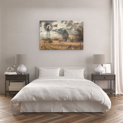 Canvas schilderij slaapkamer Boerderij met een Windmolen en Kraaien