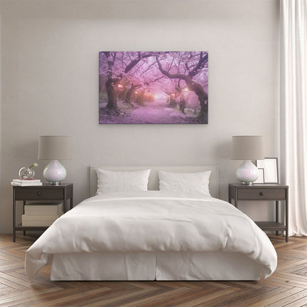 Canvas schilderij slaapkamer Sakura Bloeit op een Pad met Lantaarns