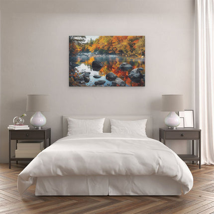 Canvas schilderij slaapkamer Rivier Omringd door Bomen en Rotsen