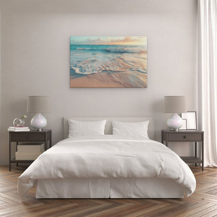 Canvas schilderij slaapkamer Strand met Golven bij Zonsondergang