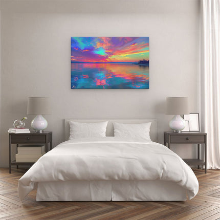 Canvas schilderij slaapkamer Kleurrijke Zonsondergang over een Watermassa