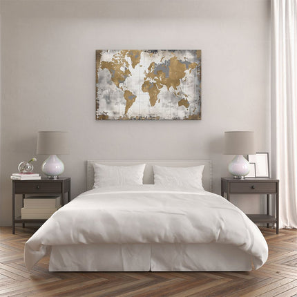 Canvas schilderij slaapkamer Gouden Wereldkaart op een Witte Achtergrond