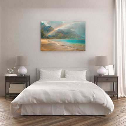 Canvas schilderij slaapkamer Regenboog boven een Strand in Hawaï