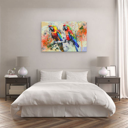 Canvas schilderij slaapkamer Twee Kleurrijke Papegaaien op een Tak