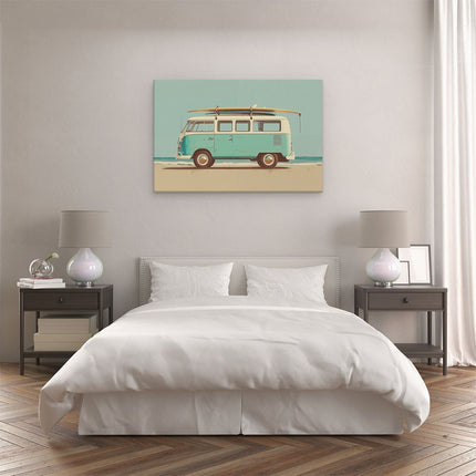 Canvas schilderij slaapkamer Vw Bus met een Surfplank Erop