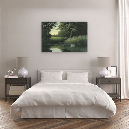 Canvas schilderij slaapkamer Twee Zwanen in een Vijver