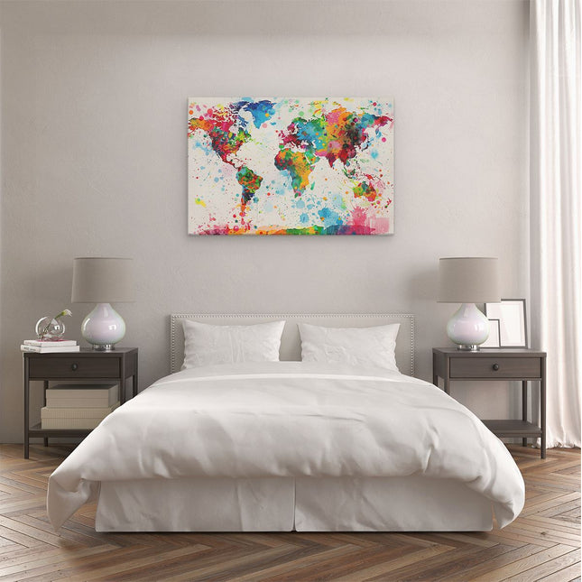 Canvas schilderij slaapkamer Kleurrijke Wereldkaart met Verfspatten