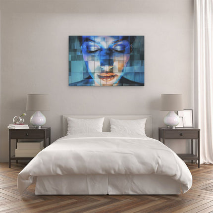 Canvas schilderij slaapkamer Vrouwengezicht met Blauwe Vierkanten