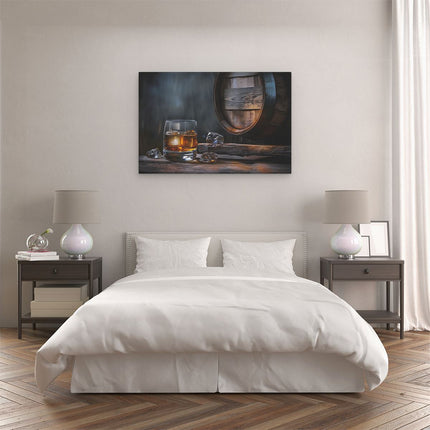 Canvas schilderij slaapkamer Glas Whisky met IJsblokjes en een Houten Vat