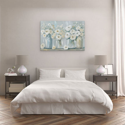 Canvas schilderij slaapkamer Witte Bloemen in Stenen Potten