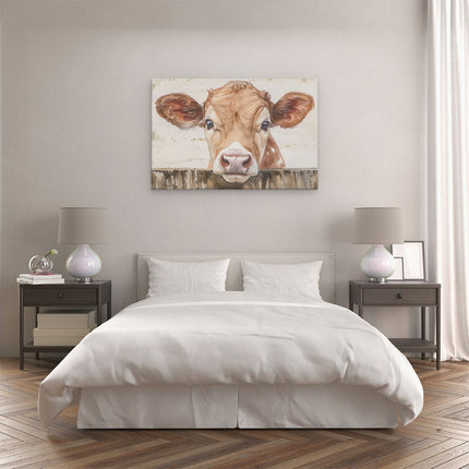 Canvas schilderij slaapkamer Koe die over een Hek Kijkt