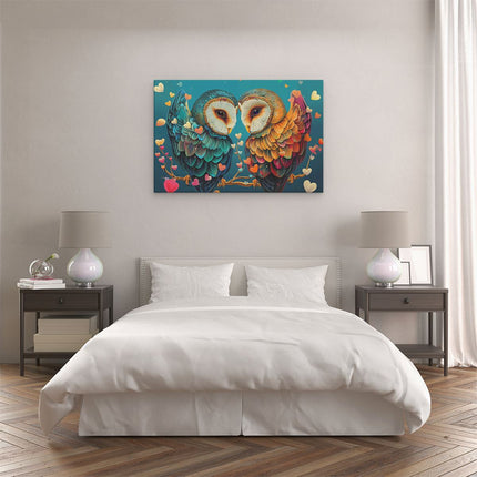 Canvas schilderij slaapkamer Twee Uilen op een Tak met Hartjes