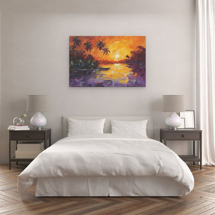 Canvas schilderij slaapkamer Zonsondergang met Palmbomen en een Boot