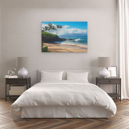 Canvas schilderij slaapkamer Strand met Palmbomen en een Berg op de Achtergrond