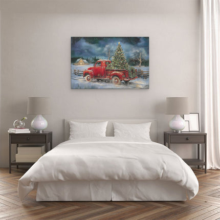 Canvas schilderij slaapkamer Rode Vrachtwagen met een Kerstboom