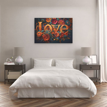 Canvas schilderij slaapkamer Het Woord Liefde is Omgeven door Bloemen