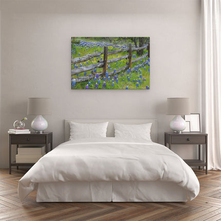 Canvas schilderij slaapkamer Hek met Bluebonnets op de Achtergrond