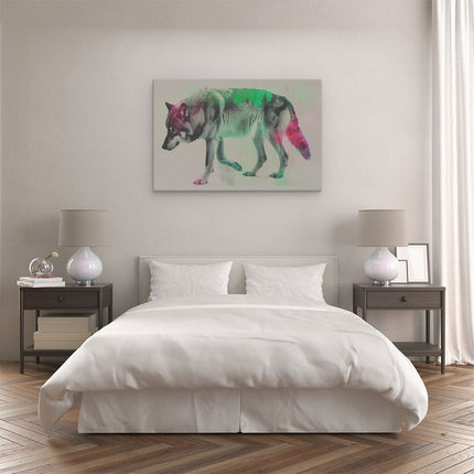 Canvas schilderij slaapkamer Wolf loopt voor een Kleurrijke Achtergrond