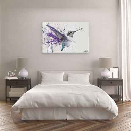 Canvas schilderij slaapkamer Kolibrie met Paarse Verfspatten