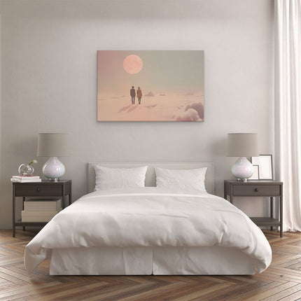 Canvas schilderij slaapkamer Twee Mensen die Bovenop Wolken Staan ​​Met een Volle Maan Achter Hen
