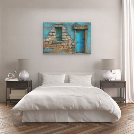 Canvas schilderij slaapkamer Blauwe Deur en een Stenen Muur