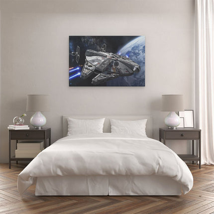 Canvas schilderij slaapkamer Afbeelding van een Star Wars Millenniumvalk die over de Aarde Vliegt