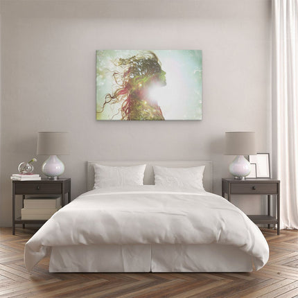 Canvas schilderij slaapkamer Vrouwenhoofd met een Boom op de Achtergrond