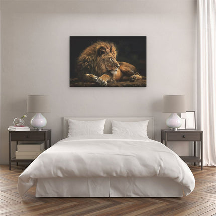 Canvas schilderij slaapkamer Leeuw ligt in het Donker