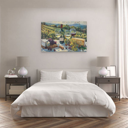 Canvas schilderij slaapkamer Kunstwerk van Wijn, Kaas en Druiven op een Tafel