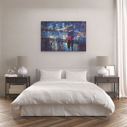 Canvas schilderij slaapkamer Brooklyn Bridge 's Nachts met een Rode Paraplu