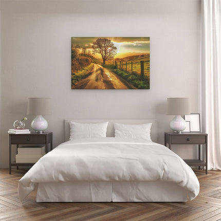 Canvas schilderij slaapkamer Eenzame Boom in een Veld bij Zonsondergang