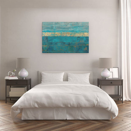Canvas schilderij slaapkamer Kunstwerk van een Blauw en Goud Betegelde Muur
