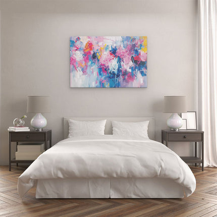 Canvas schilderij slaapkamer Abstract Kunstwerk met Blauwe, Roze en Gele Kleuren