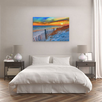 Canvas schilderij slaapkamer Strandtafereel met een Hek en Zand
