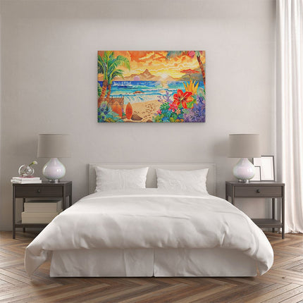Canvas schilderij slaapkamer Kunstwerk van een Tropisch Tafereel met Palmbomen en Surfplanken