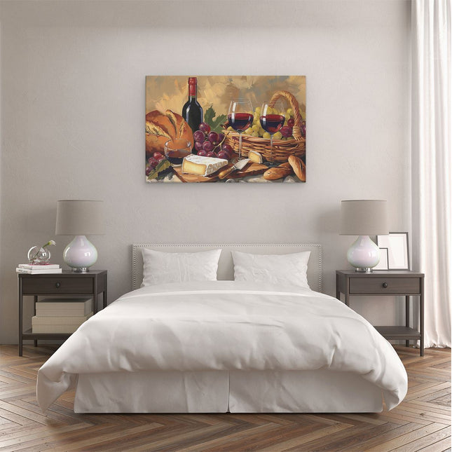 Canvas schilderij slaapkamer Kunstwerk van Wijn, Brood en Kaas