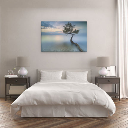 Canvas schilderij slaapkamer Eenzame Boom op een Strand bij Zonsondergang