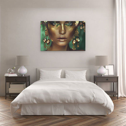 Canvas schilderij slaapkamer Vrouw met Gouden Make-Up en Oorbellen