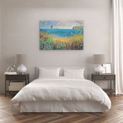 Canvas schilderij slaapkamer Kunstwerk van een Strand met Bloemen en Vogels