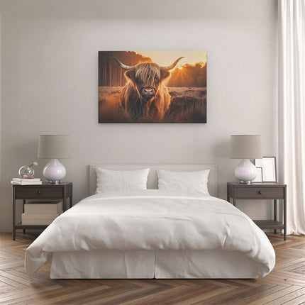 Canvas schilderij slaapkamer Hooglandkoe die in een Veld Staat bij Zonsondergang
