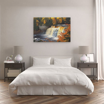 Canvas schilderij slaapkamer Waterval Omgeven door Herfstbladeren