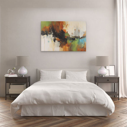 Canvas schilderij slaapkamer Abstract Kunstwerk met Groene, Blauwe en Oranje Kleuren