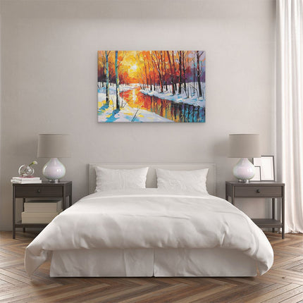 Canvas schilderij slaapkamer Winters Tafereel met Bomen en een Rivier
