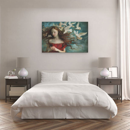 Canvas schilderij slaapkamer Meisje met een Rode Jurk en Witte Duiven