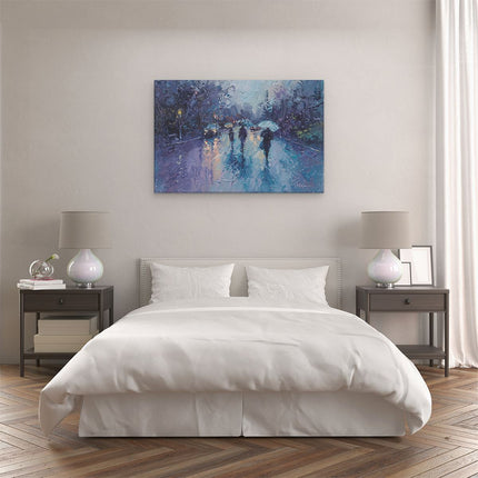 Canvas schilderij slaapkamer Mensen die met Paraplu's in de Regen Lopen