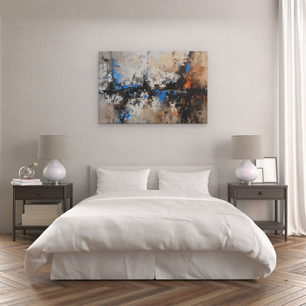Canvas schilderij slaapkamer Abstract Kunstwerk met Blauwe, Bruine en Oranje Kleuren