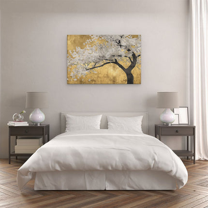 Canvas schilderij slaapkamer Boom met Witte Bloemen tegen een Gouden Achtergrond