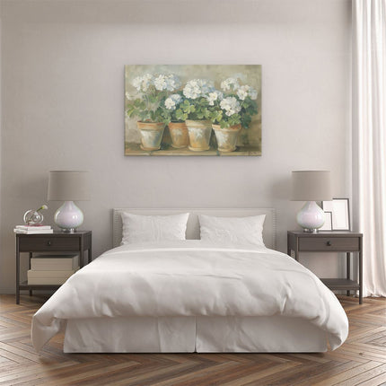 Canvas schilderij slaapkamer Witte Geraniums in Potten