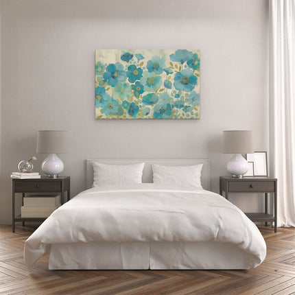 Canvas schilderij slaapkamer Blauwe Bloemen op een Beige Achtergrond