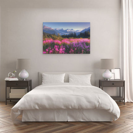 Canvas schilderij slaapkamer Roze Bloemen in een Veld